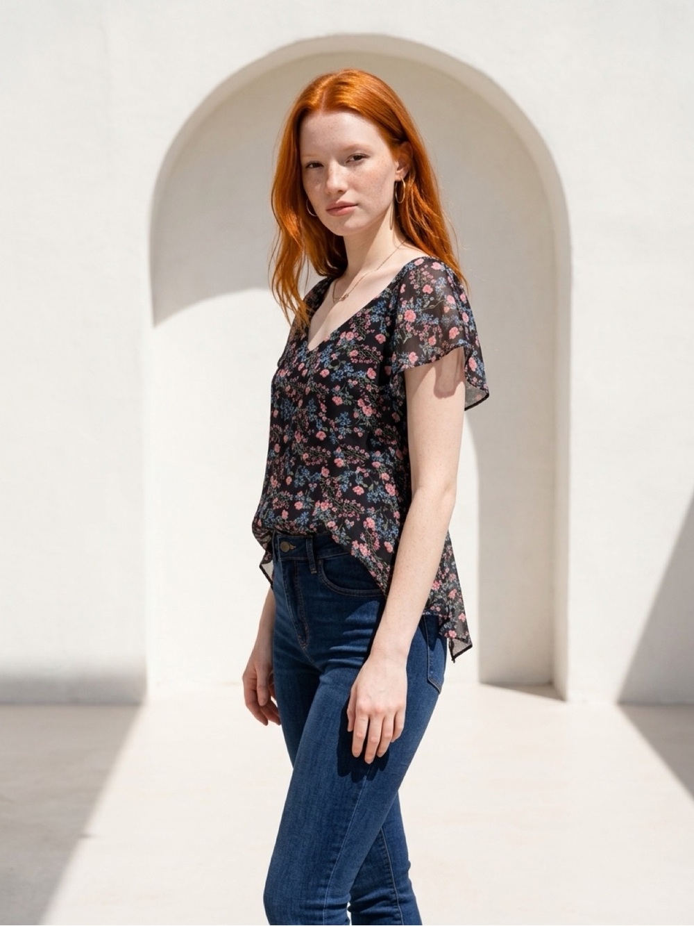 City Chic Black Floral V-Neck Flutter Sleeve Blouse